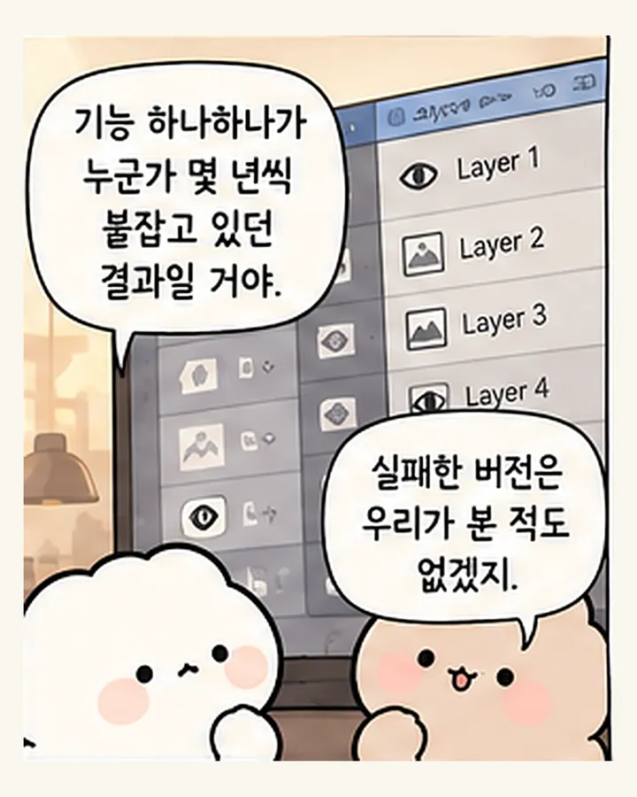 오리: 기능 하나하나가 누군가 몇 년씩 붙잡고 있던 결과일 거야. / 친구: 실패한 버전은 우리가 본 적도 없겠지.