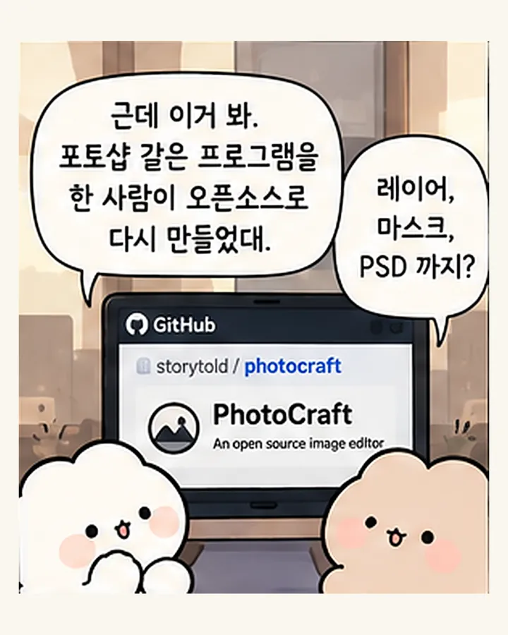 오리: 근데 이거 봐. 포토샵 같은 프로그램을 한 사람이 오픈소스로 다시 만들었대. / 친구: 레이어, 마스크, PSD 까지?