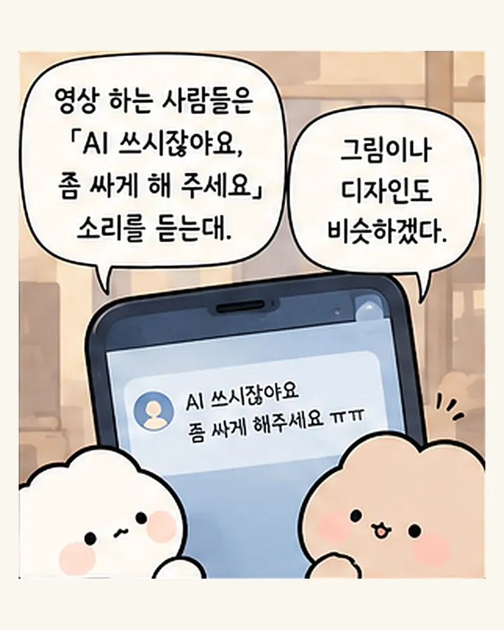 오리: 영상 하는 사람들은 「AI 쓰시잖아요, 좀 싸게 해 주세요」 소리를 듣는대. / 친구: 그림이나 디자인도 비슷하겠다.