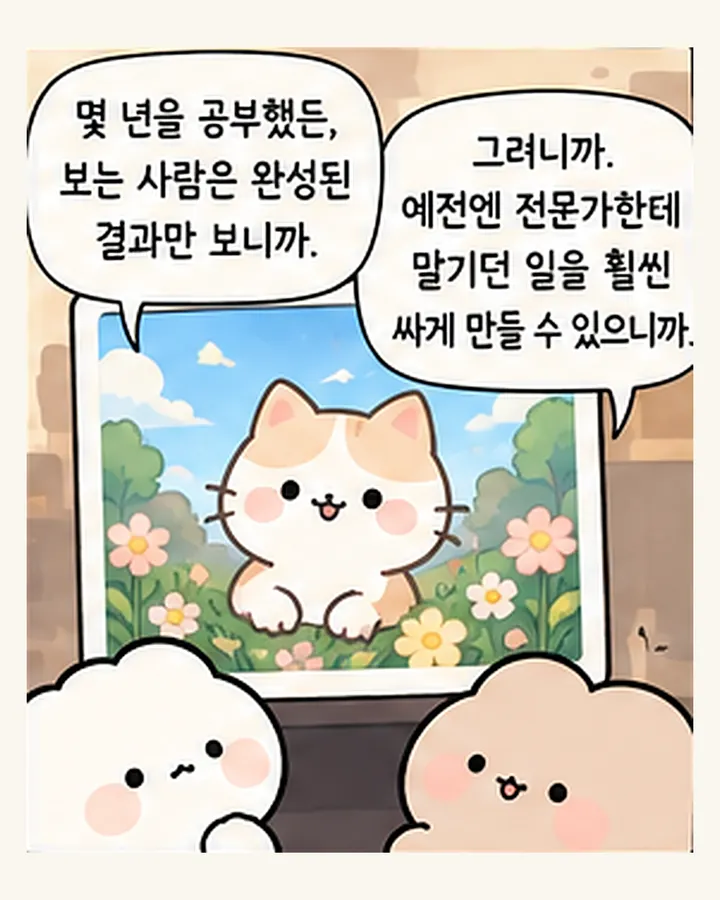 친구: 몇 년을 공부했든, 보는 사람은 완성된 결과만 보니까. / 오리: 그러니까. 예전엔 전문가한테 맡기던 일을 훨씬 싸게 만들 수 있으니까.