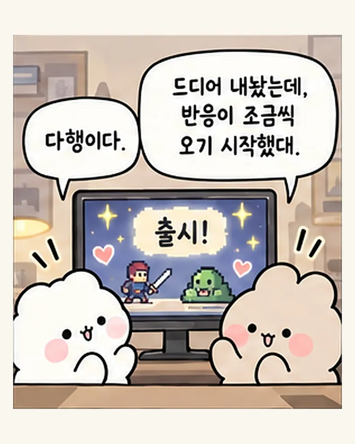 친구: 드디어 내놨는데, 반응이 조금씩 오기 시작했대. / 오리: 다행이다.