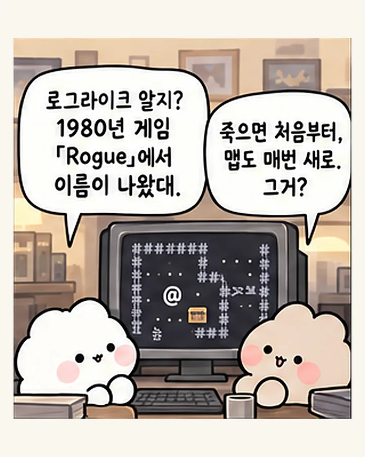 오리: 로그라이크 알지? 1980년 게임 「Rogue」에서 이름이 나왔대. / 친구: 죽으면 처음부터, 맵은 매번 새로. 그거?
