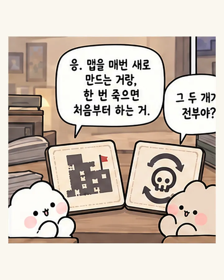 오리: 응. 맵을 매번 새로 만드는 거랑, 한 번 죽으면 끝나는 거. / 친구: 그 두 개가 전부야?