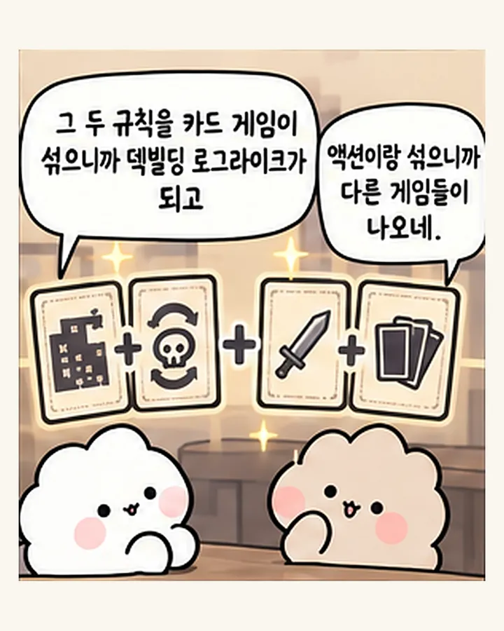 오리: 그 두 규칙을 카드 게임이랑 섞으니까 덱빌딩 로그라이크가 되고 / 친구: 액션이랑 섞으니까 또 다른 게임들이 나오네.
