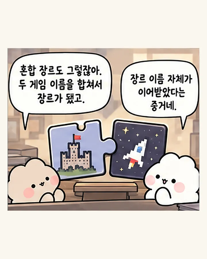 친구: 혼합 장르도 그렇잖아. 두 게임 이름을 합쳐서 장르가 됐고. / 오리: 장르 이름 자체가 이어받았다는 증거네.
