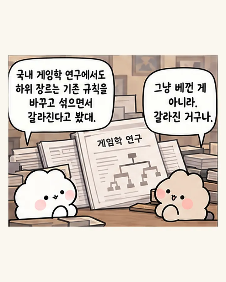 오리: 국내 게임학 연구에서도 하위 장르는 기존 규칙을 바꾸고 섞으면서 갈라진다고 봤대. / 친구: 그냥 베낀 게 아니라, 갈라진 거구나.