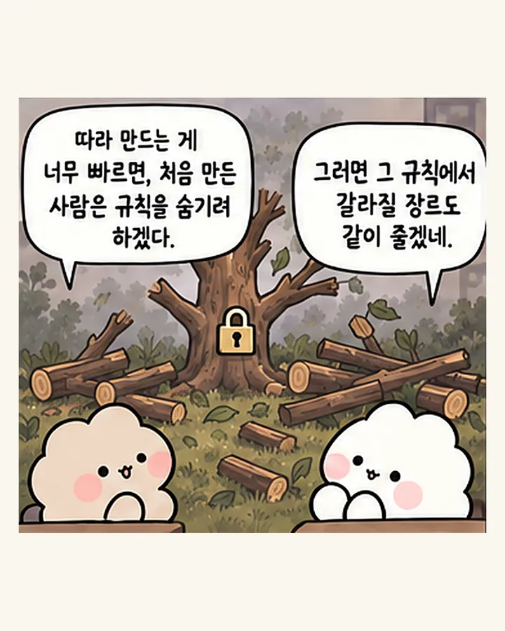 친구: 따라 만드는 게 너무 빠르면, 처음 만든 사람은 규칙을 숨기려 하겠다. / 오리: 숨기면 그 규칙에서 갈라질 장르도 같이 안 나오고.