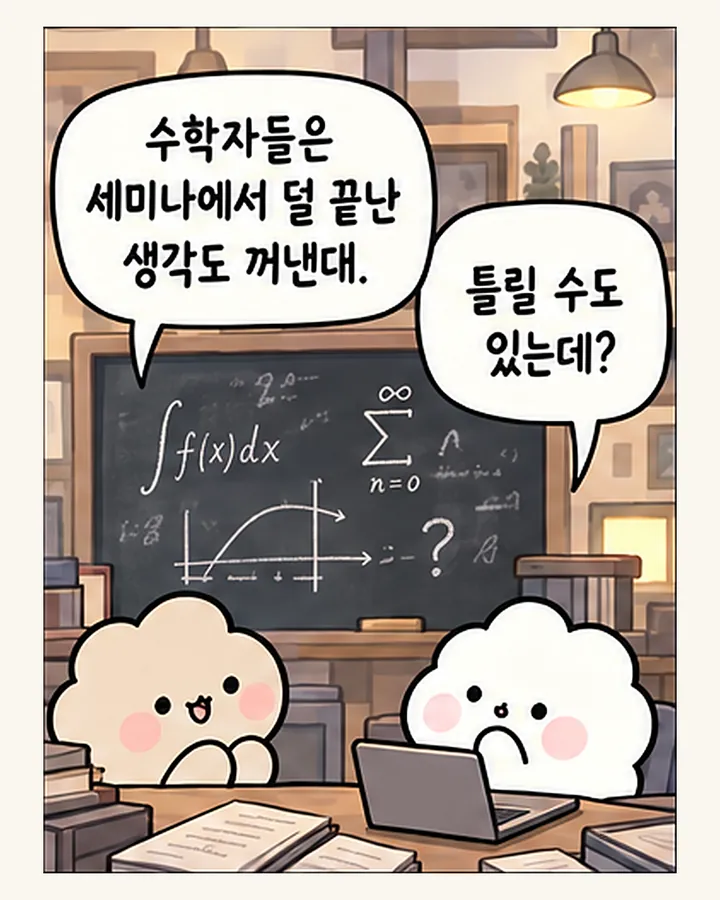 친구: 수학자들은 세미나에서 덜 끝난 생각도 꺼낸대. / 오리: 틀릴 수도 있는데?