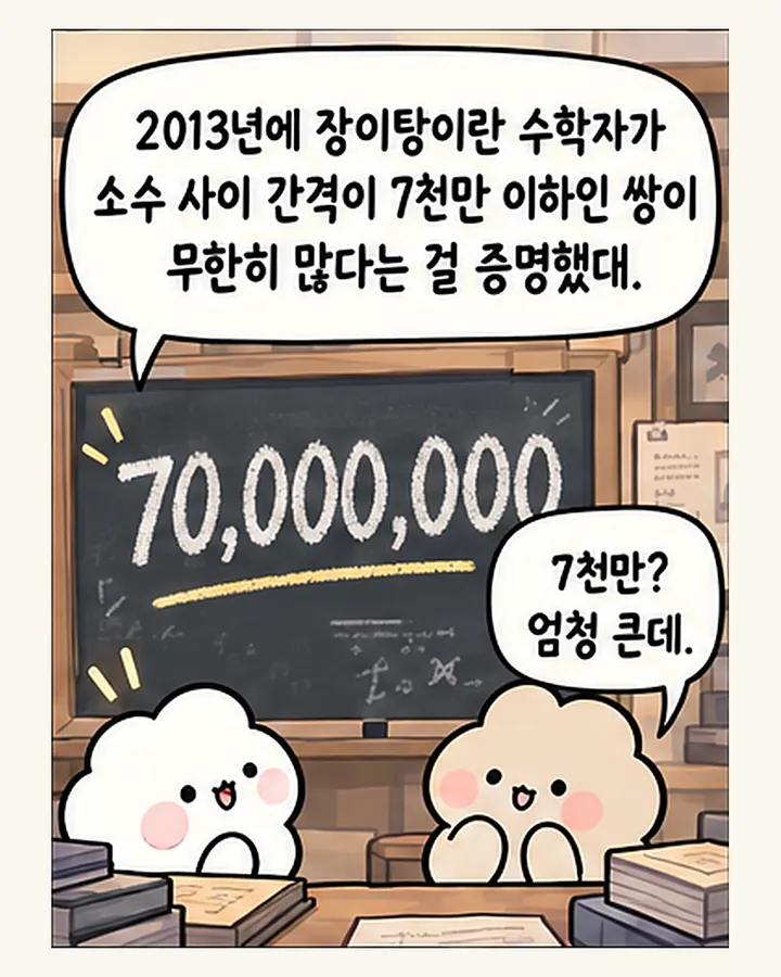 오리: 2013년에 장이탕이란 수학자가 소수 사이 간격이 7천만 이하인 쌍이 무한히 많다는 걸 증명했대. / 친구: 7천만? 엄청 큰데.